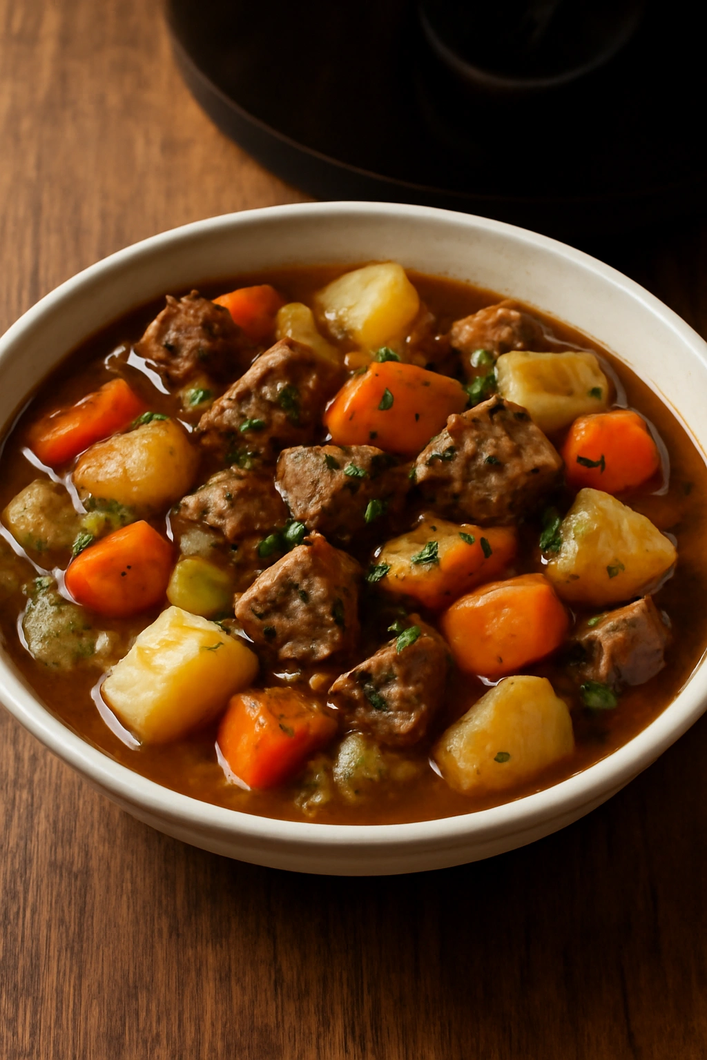 Beef stew with root vegetables in a glossy broth featuring carrots potatoes parsnips celery