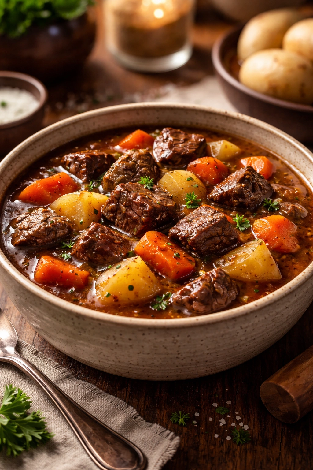 Beef stew with potatoes and carrots in a rustic bowl, rich glossy broth