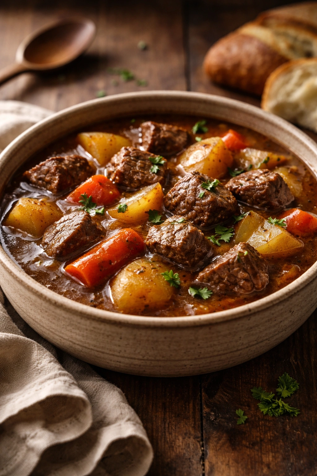 Close-up of hearty All-American Beef Stew with beef, potatoes, and carrots in a rich braise