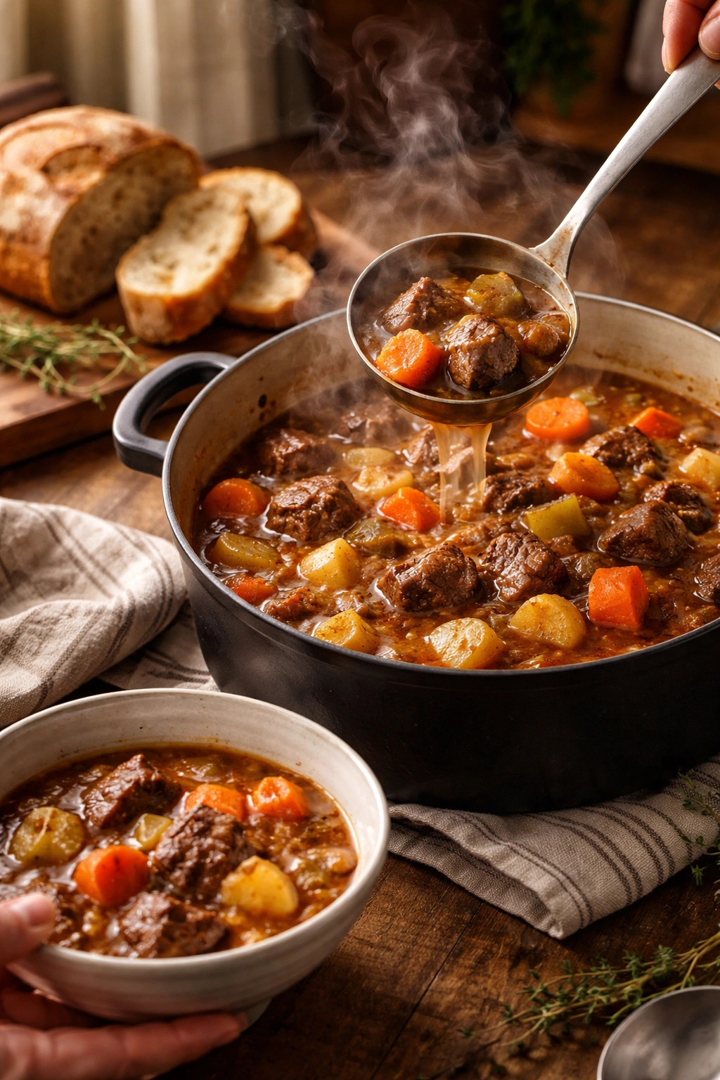 Warm bowl of beef stew ready to serve with bread
