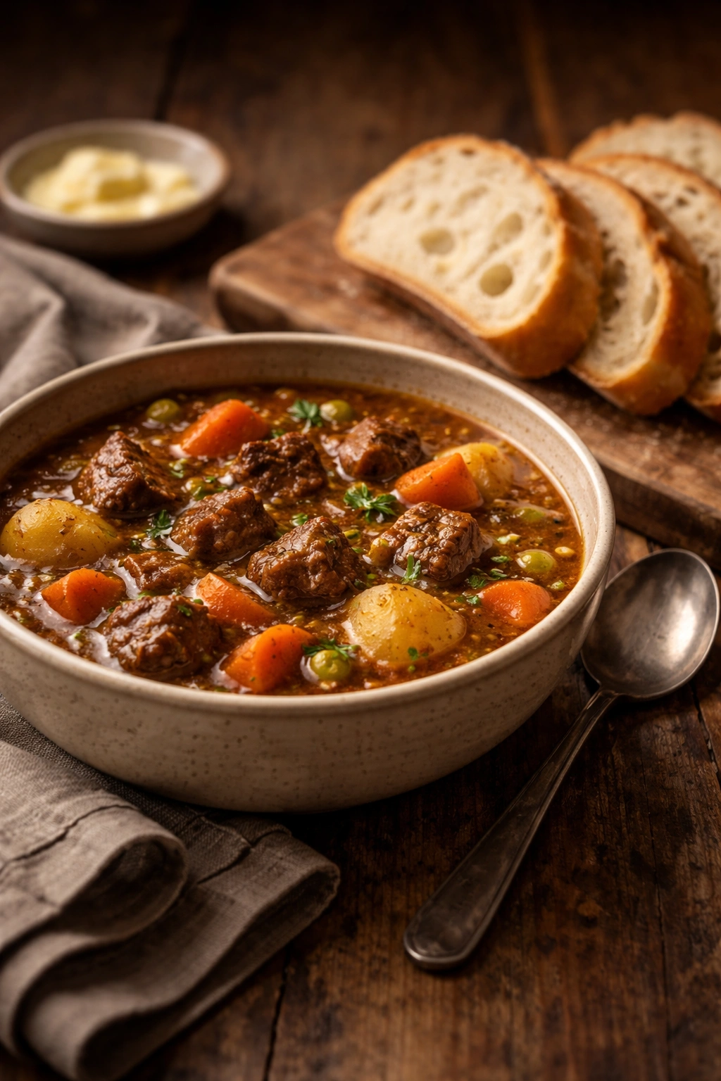 Beef stew served with crusty bread on a wooden table as a serving suggestion