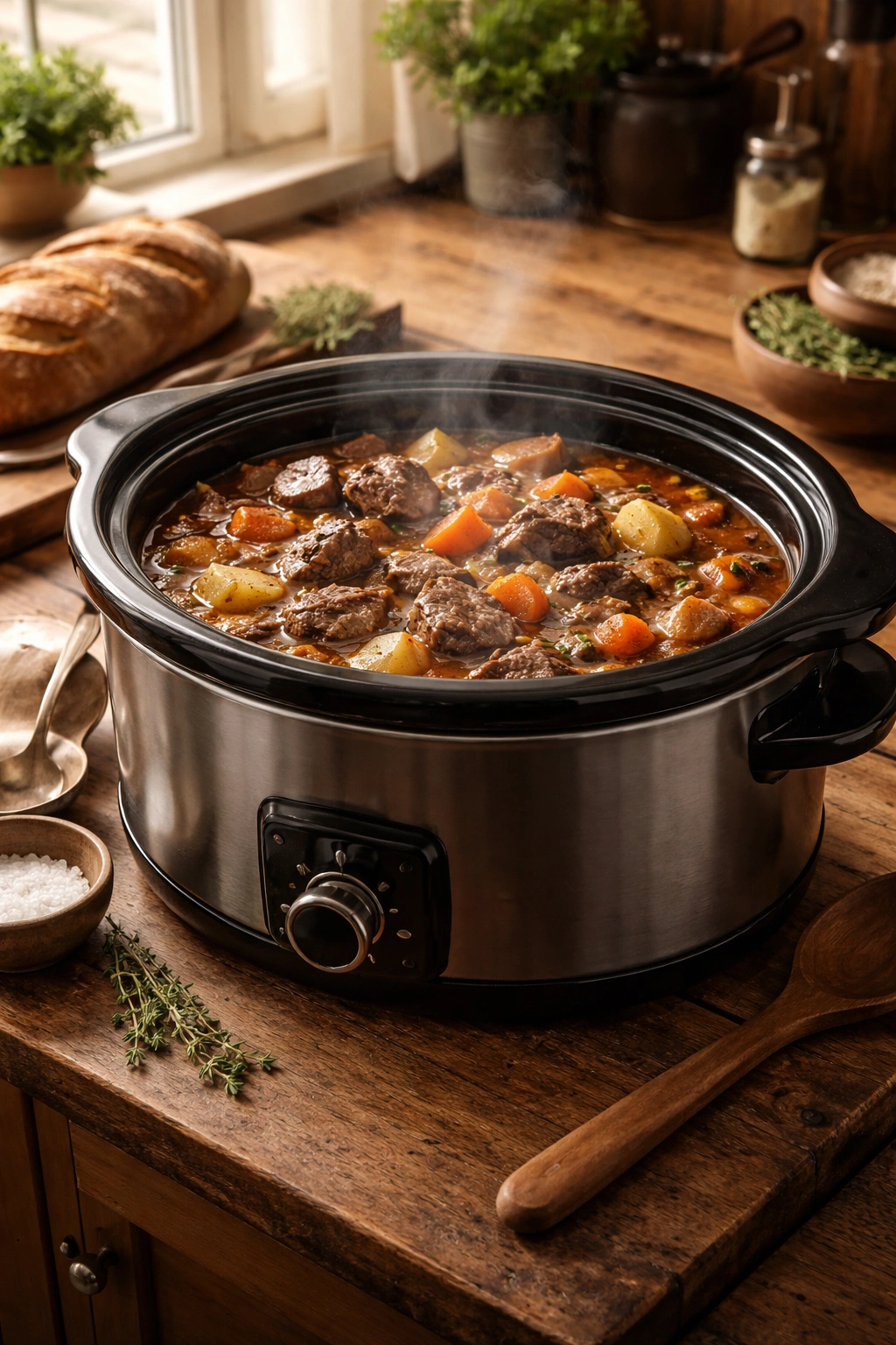 Close-up of a slow cooker with beef stew steaming and chunks of meat and vegetables