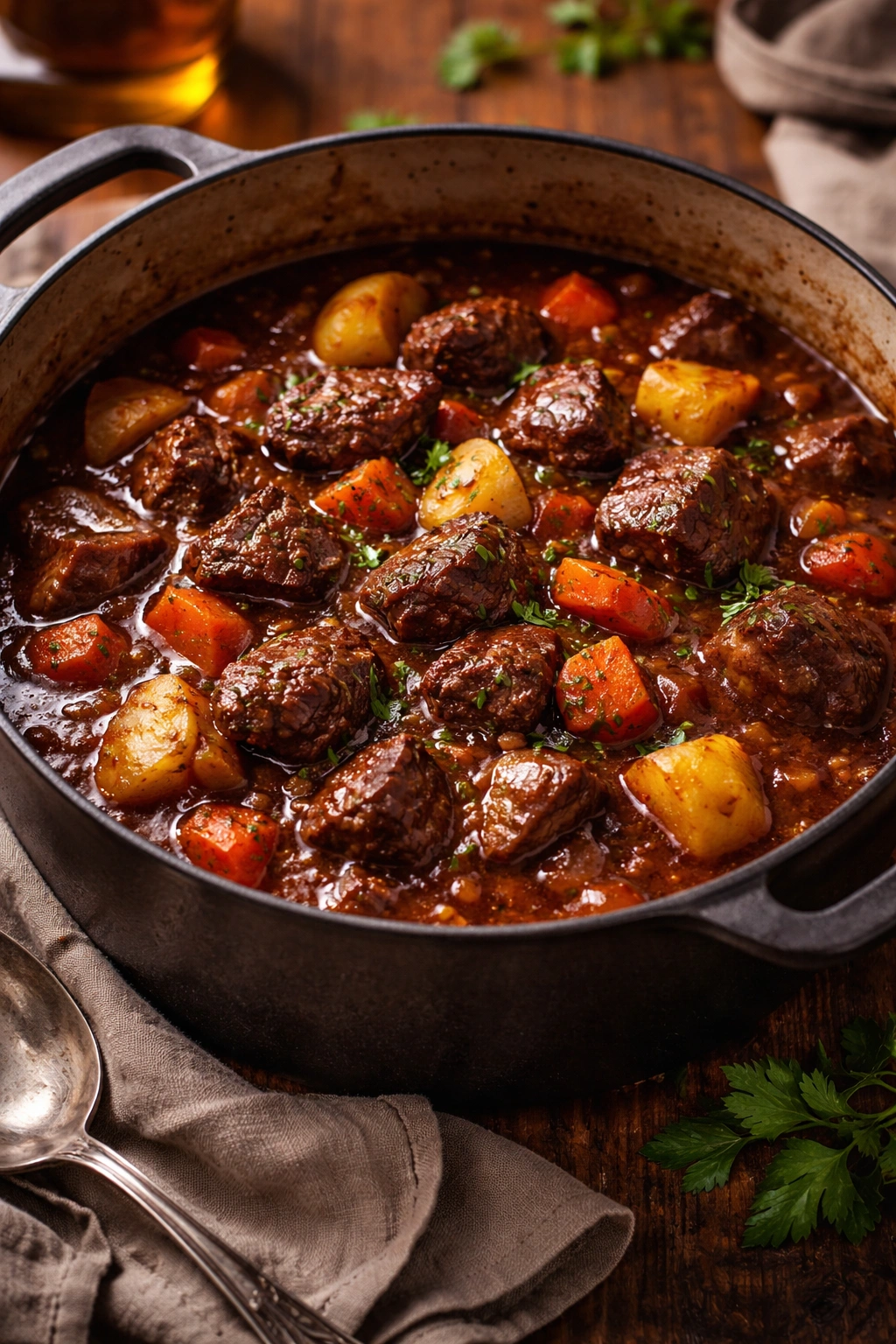 Beef stew in a rustic pot with vegetables and a glossy wine sauce