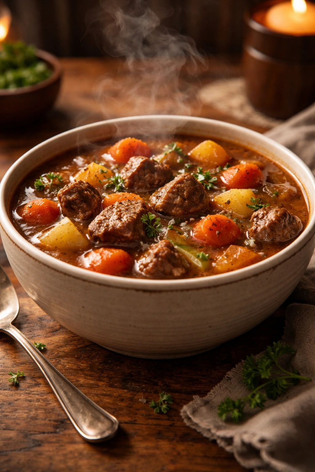 Steaming bowl of beef stew presenting comfort and warmth