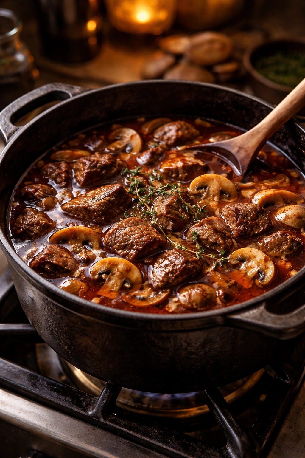 Beef stew with mushrooms in a rustic pot showing flavor variations