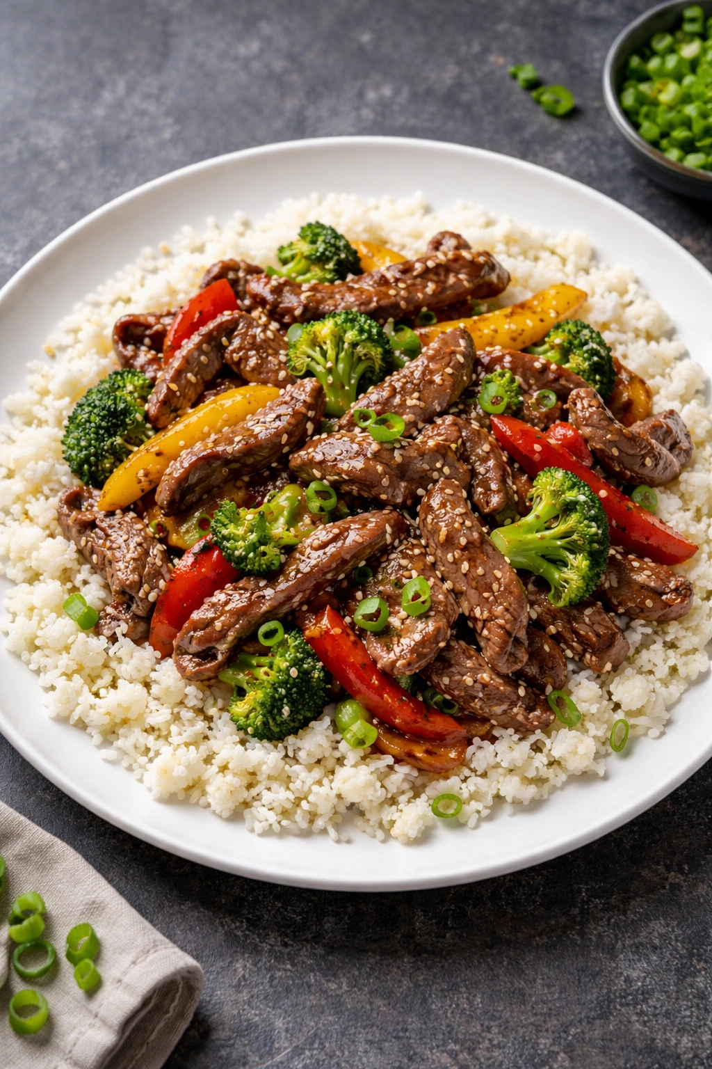 Beef stir-fry with cauliflower rice plated for keto dinner