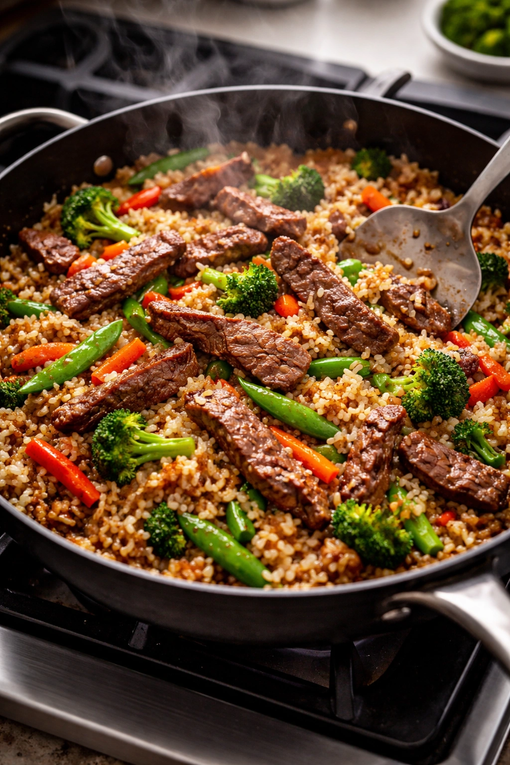 Beef stir-fry with vegetables and fried rice in a skillet