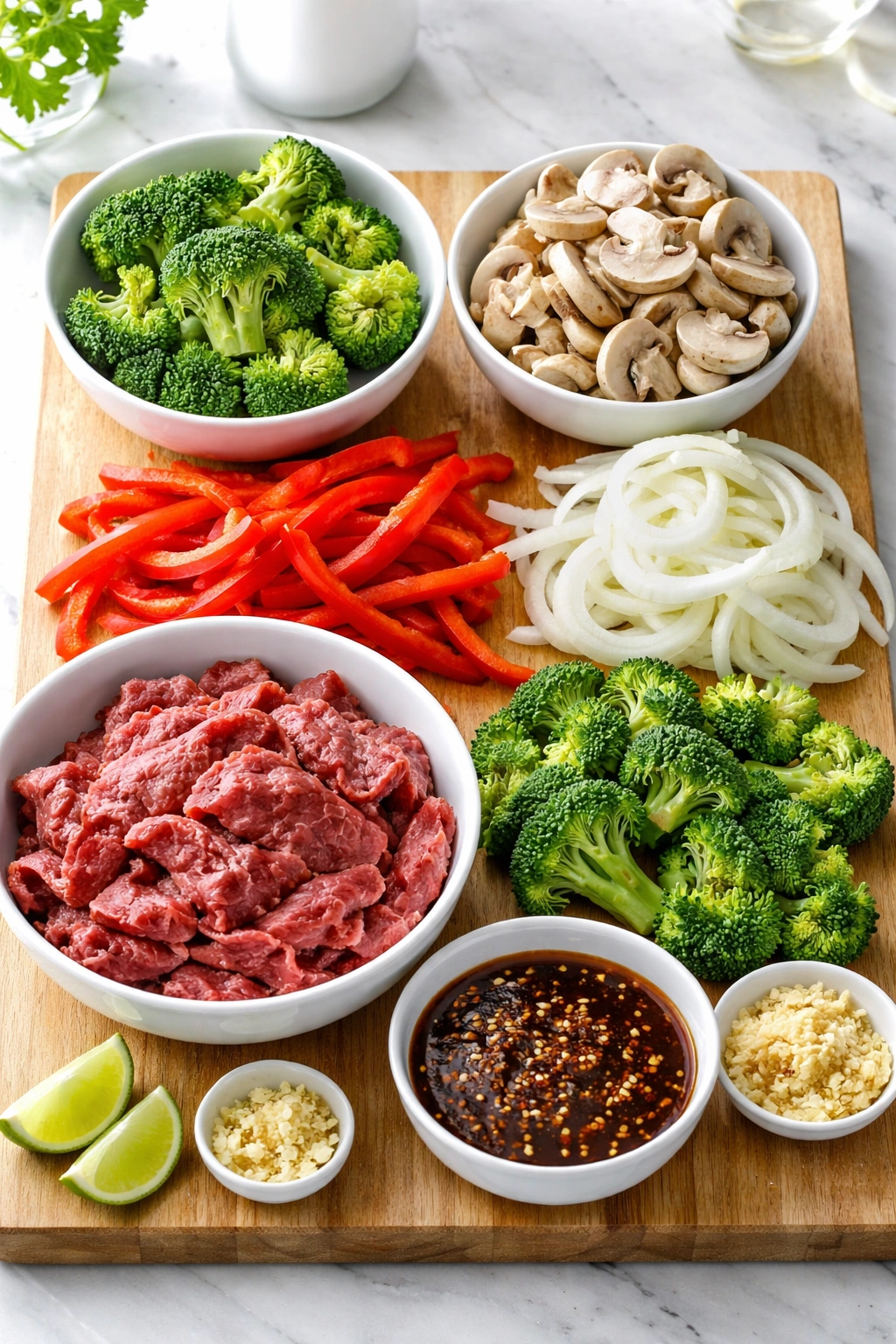Fresh beef and vegetables laid out for stir-fry on a wooden counter