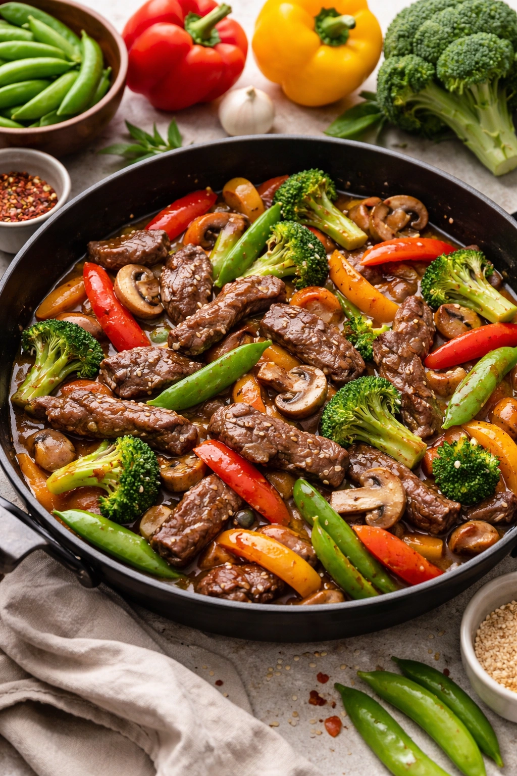 Colorful vegetable medley with beef in glossy stir-fry sauce.