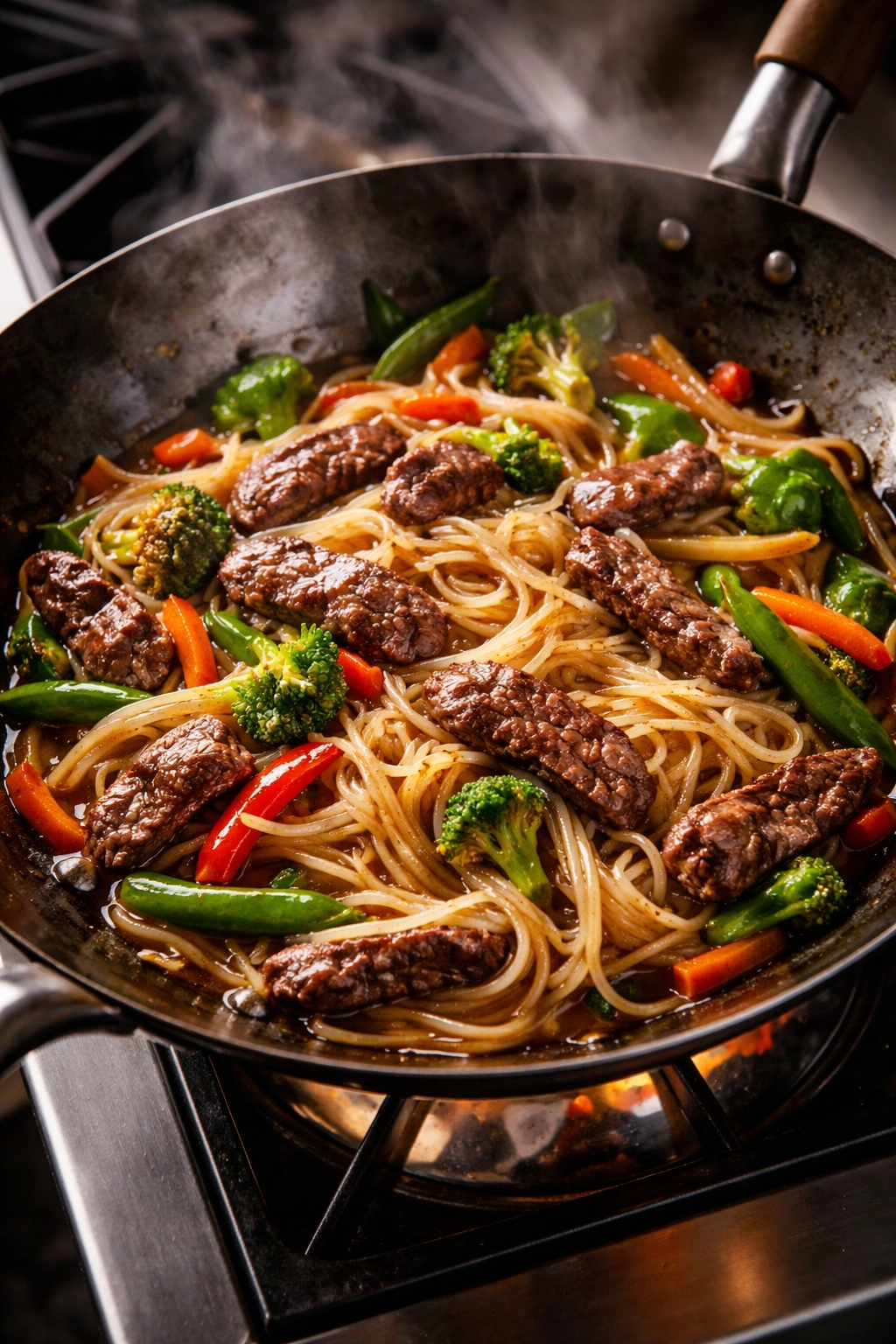 Beef stir-fry with rice noodles showing seared beef, noodles, and crisp vegetables in a glossy gluten-free sauce