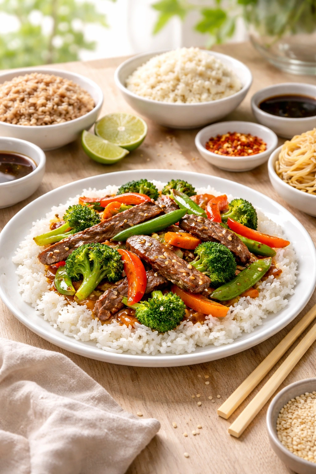 Beef stir-fry plated over white rice on a plate with vegetables.