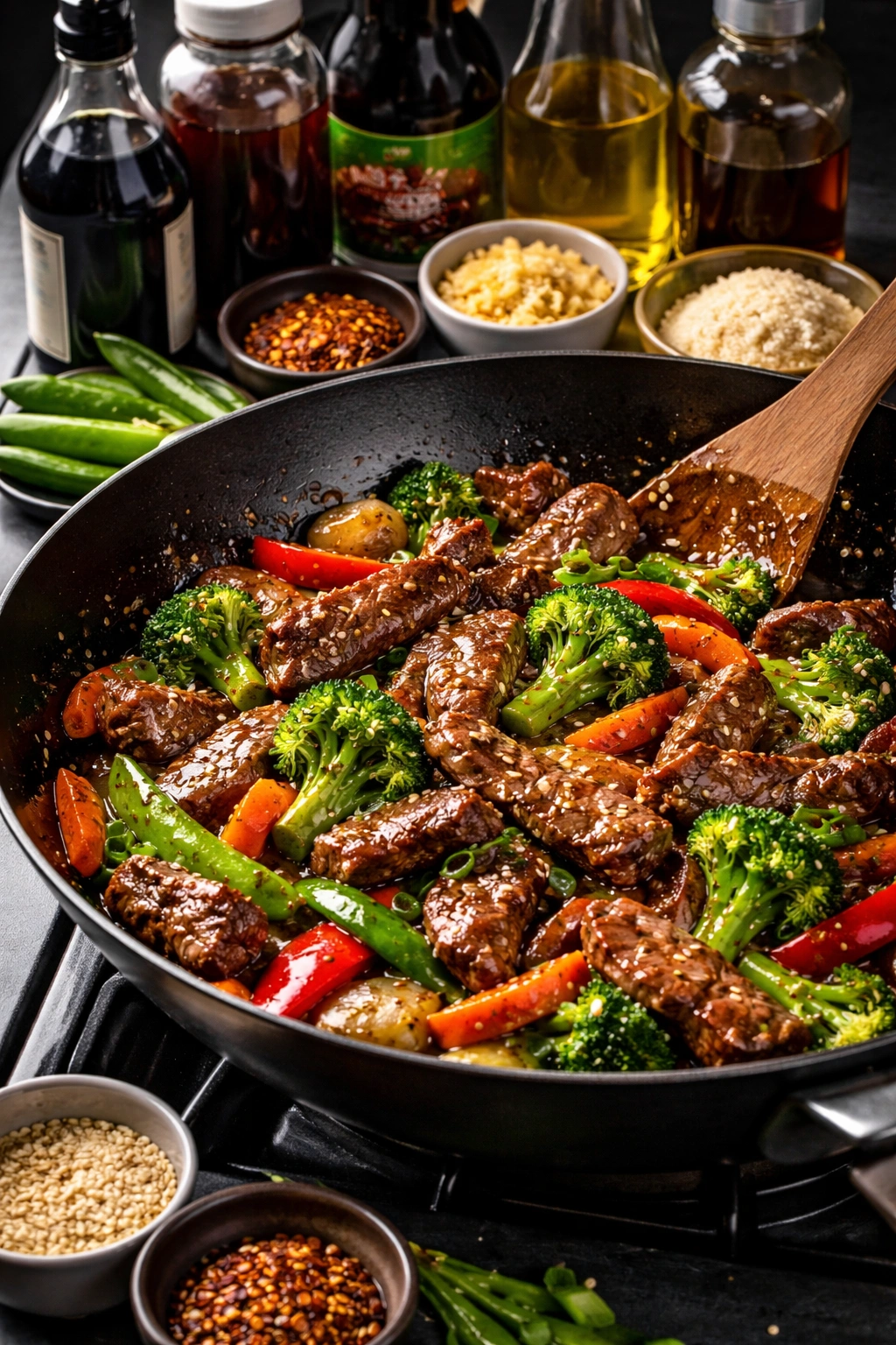 Beef and vegetables coated in glossy stir-fry sauce.