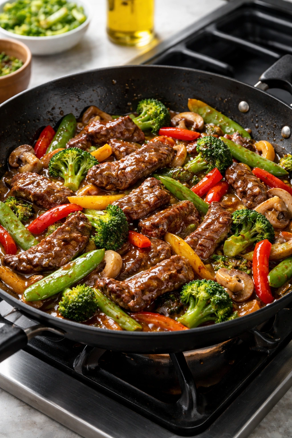 Beef stir-fry with mixed vegetables in glossy sauce