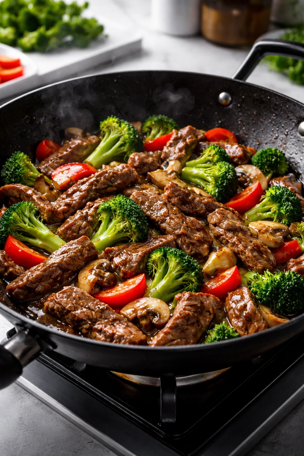 Close-up of beef stir-fry with colorful vegetables in glossy sauce.