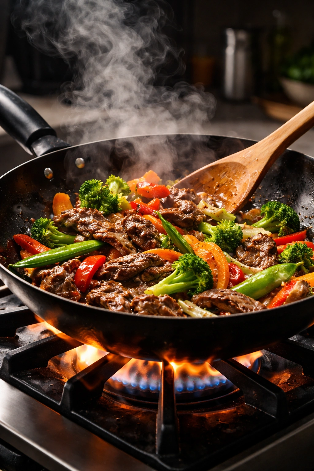 Beef stir-fry sizzling in a wok on a high-heat burner.
