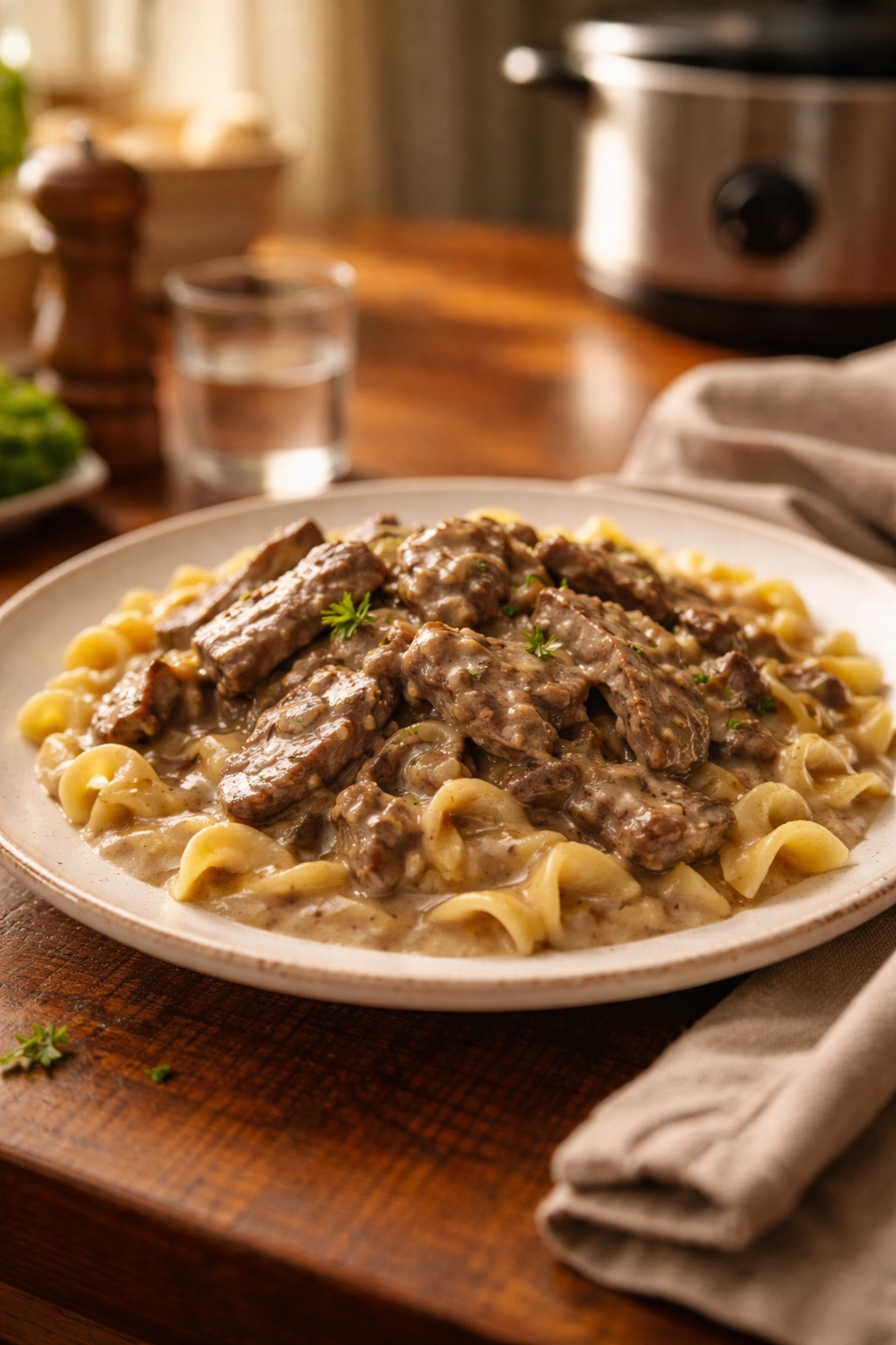 Beef stroganoff plate with creamy sauce on a wooden table