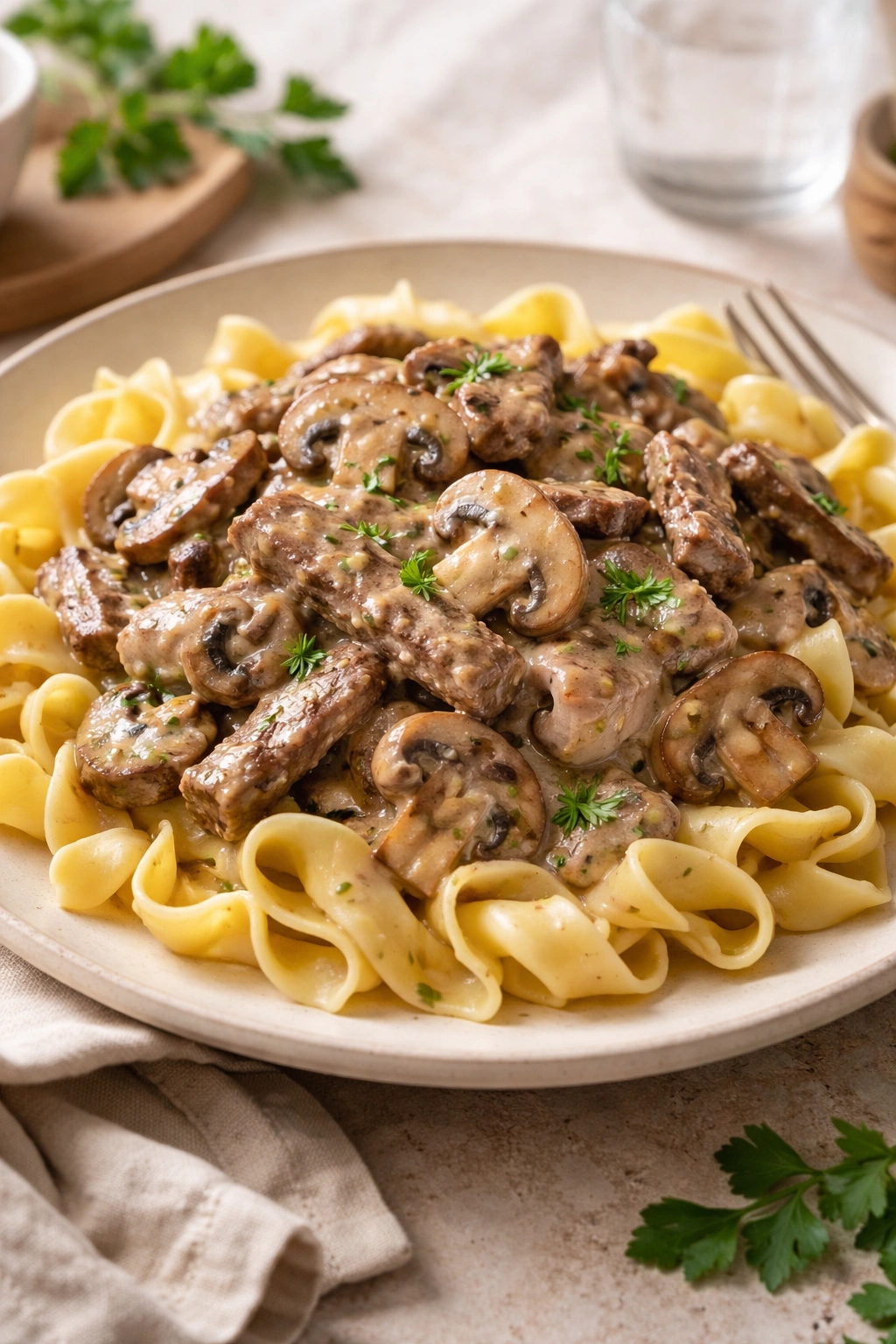 Creamy beef stroganoff with mushrooms over egg noodles on a plate