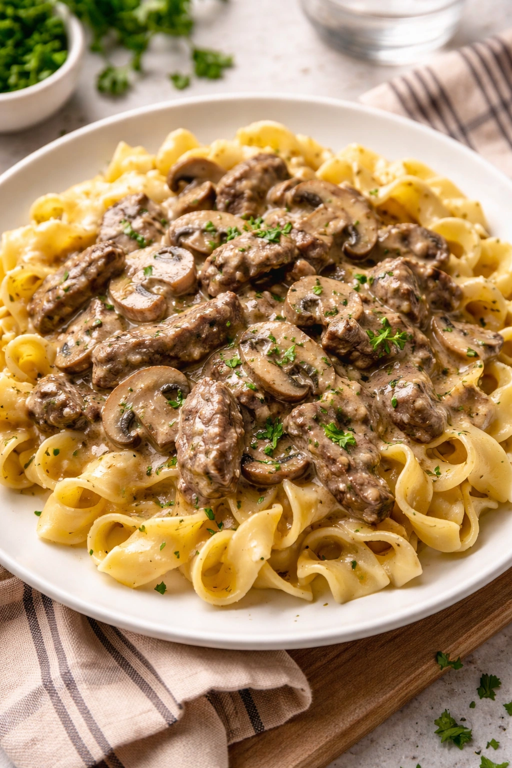 Creamy beef stroganoff with mushrooms over noodles on a plate