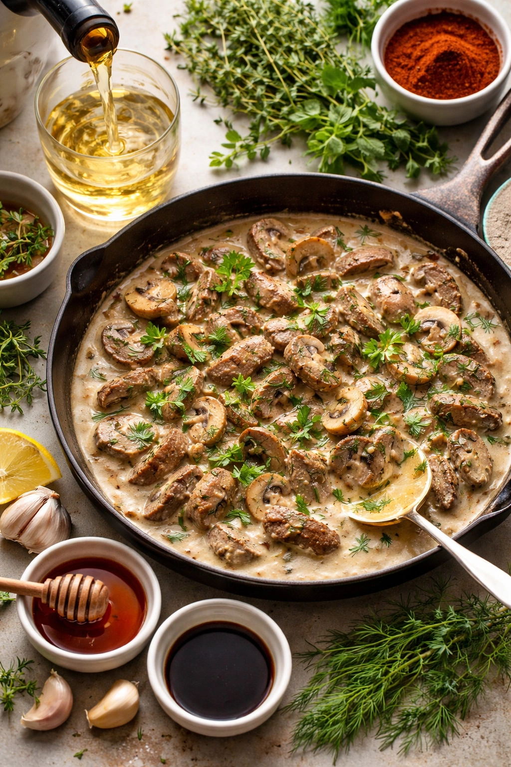 Herbs and wine accents on a beef stroganoff pan for flavor variations