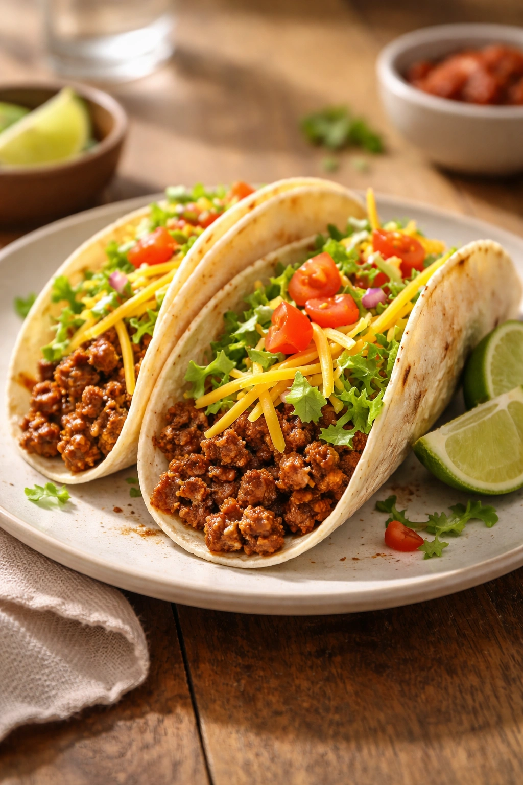 Close-up of two beef tacos with seasoned ground beef on a plate