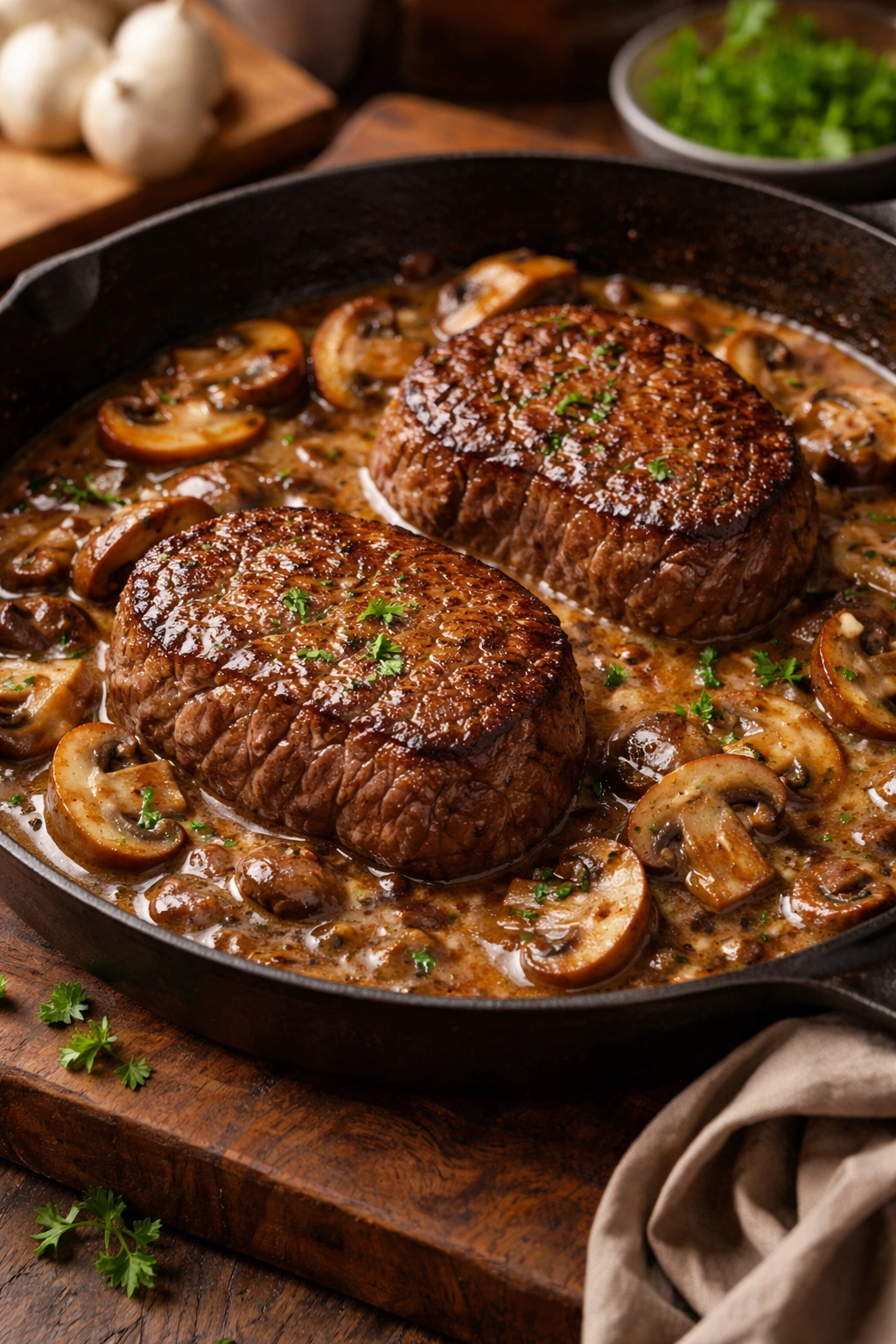 Beef tenderloin with mushroom pan sauce in skillet