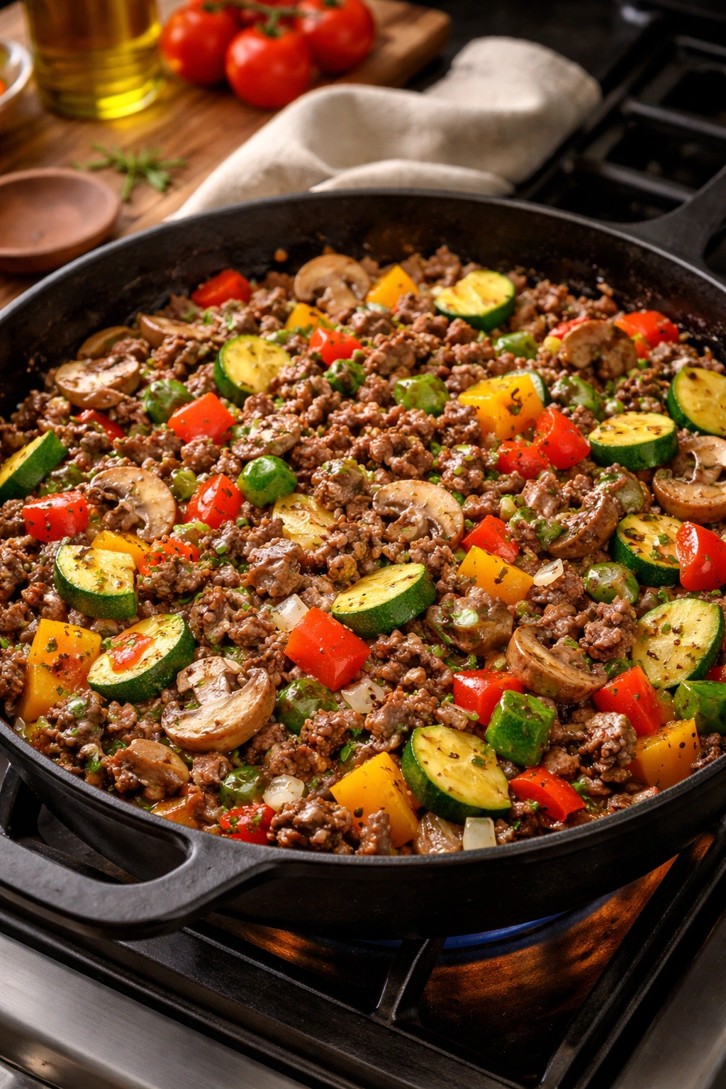 Skillet with browned ground beef and vegetables