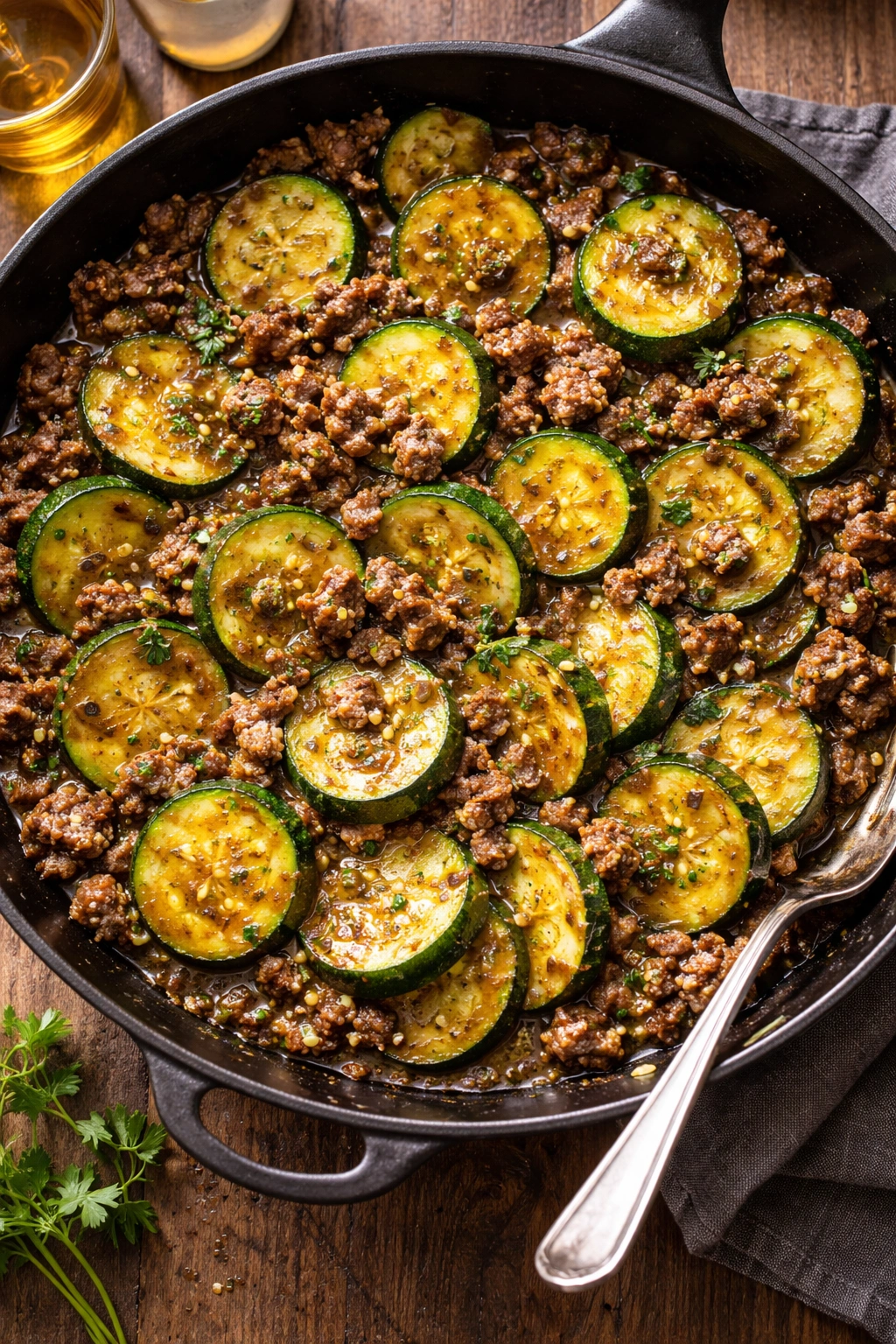 Skillet with beef and zucchini in garlic butter sauce