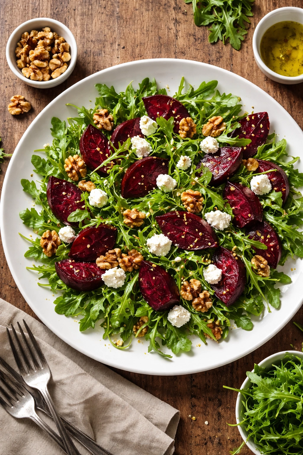 Roasted beet and arugula salad with goat cheese and walnuts on plate