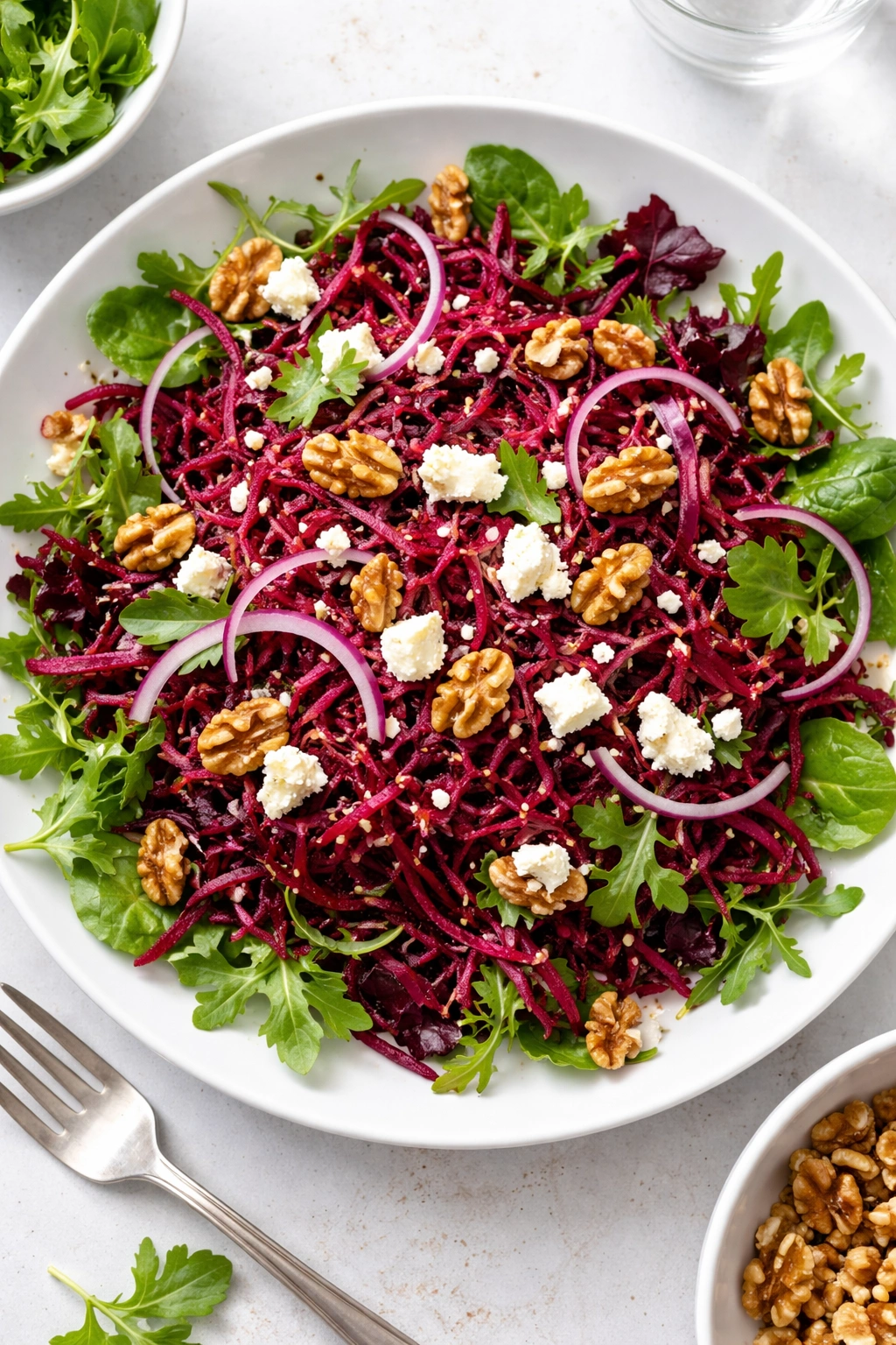 Shredded beet and goat cheese salad with walnuts on greens