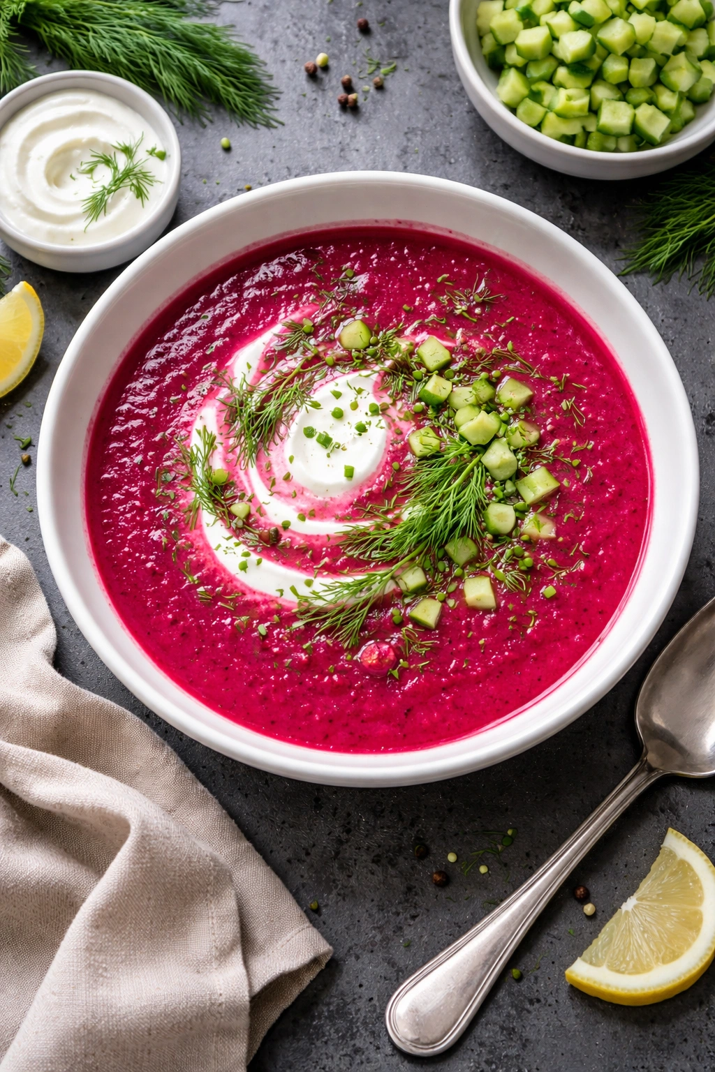 Deep magenta beet soup in a bowl
