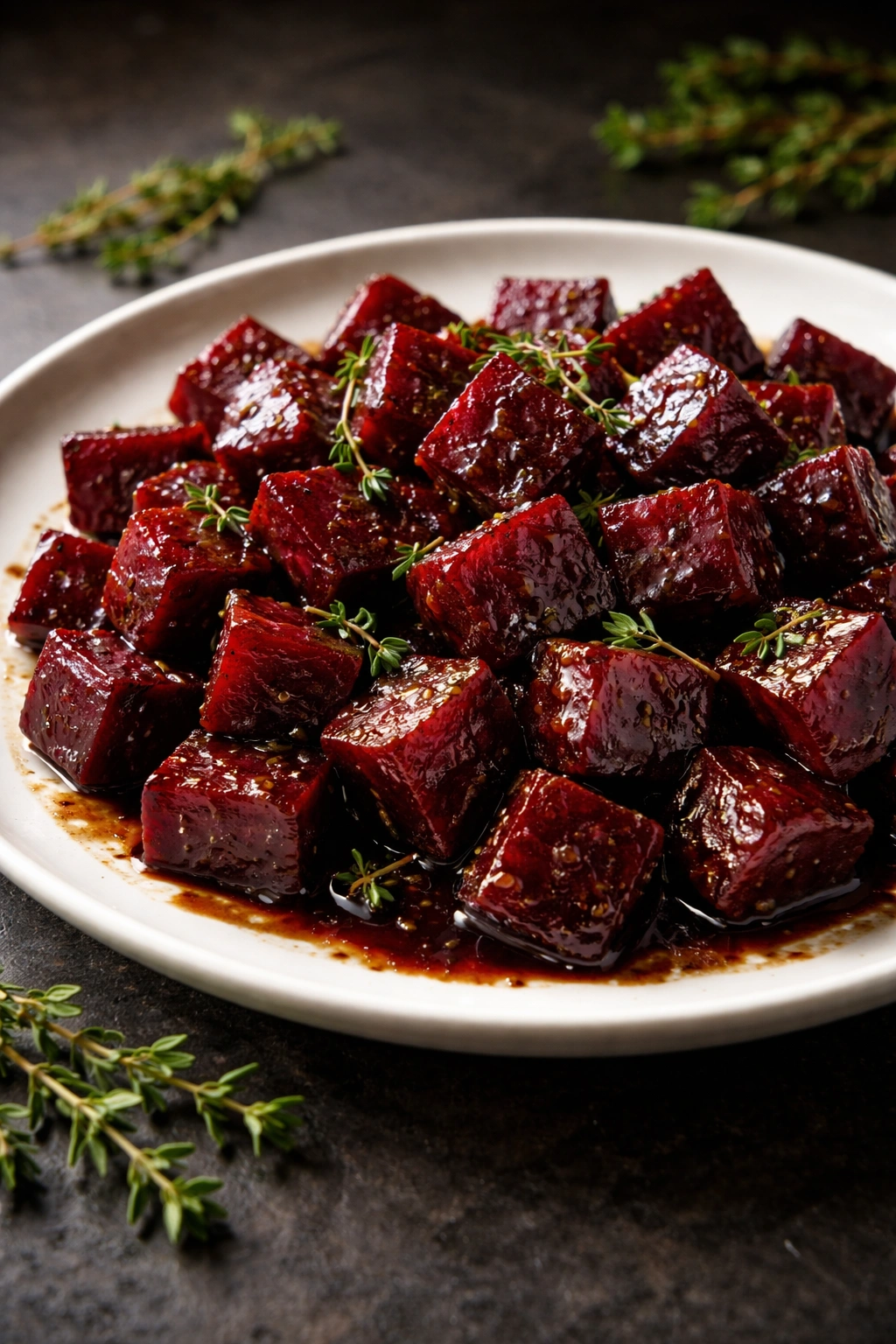 Beets glazed with balsamic and thyme on plate