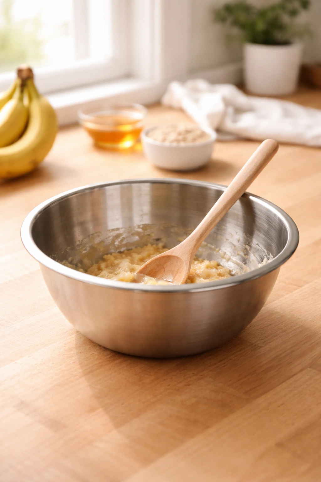 Simple mixing bowl with wooden spoon on a clean counter