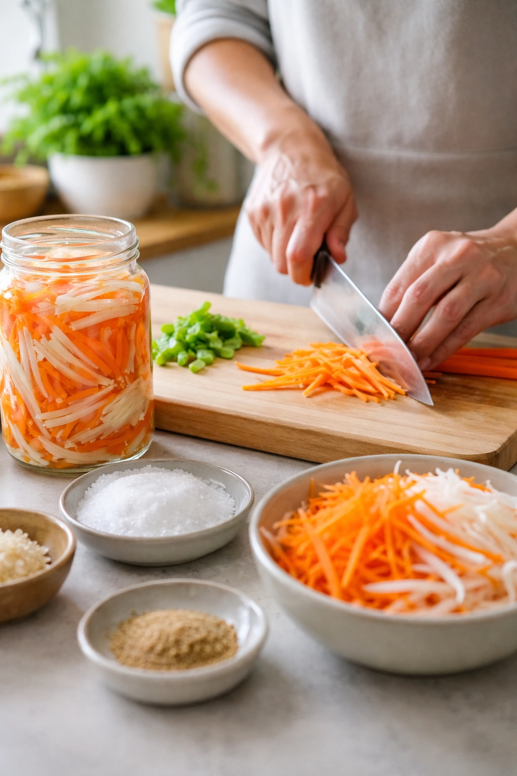 Hands chopping vegetables on a clean cutting board in a bright kitchen