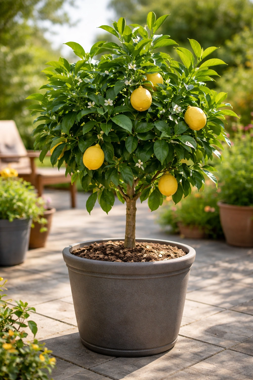 Dwarf Meyer lemon tree in a container with lemons on a sunny patio