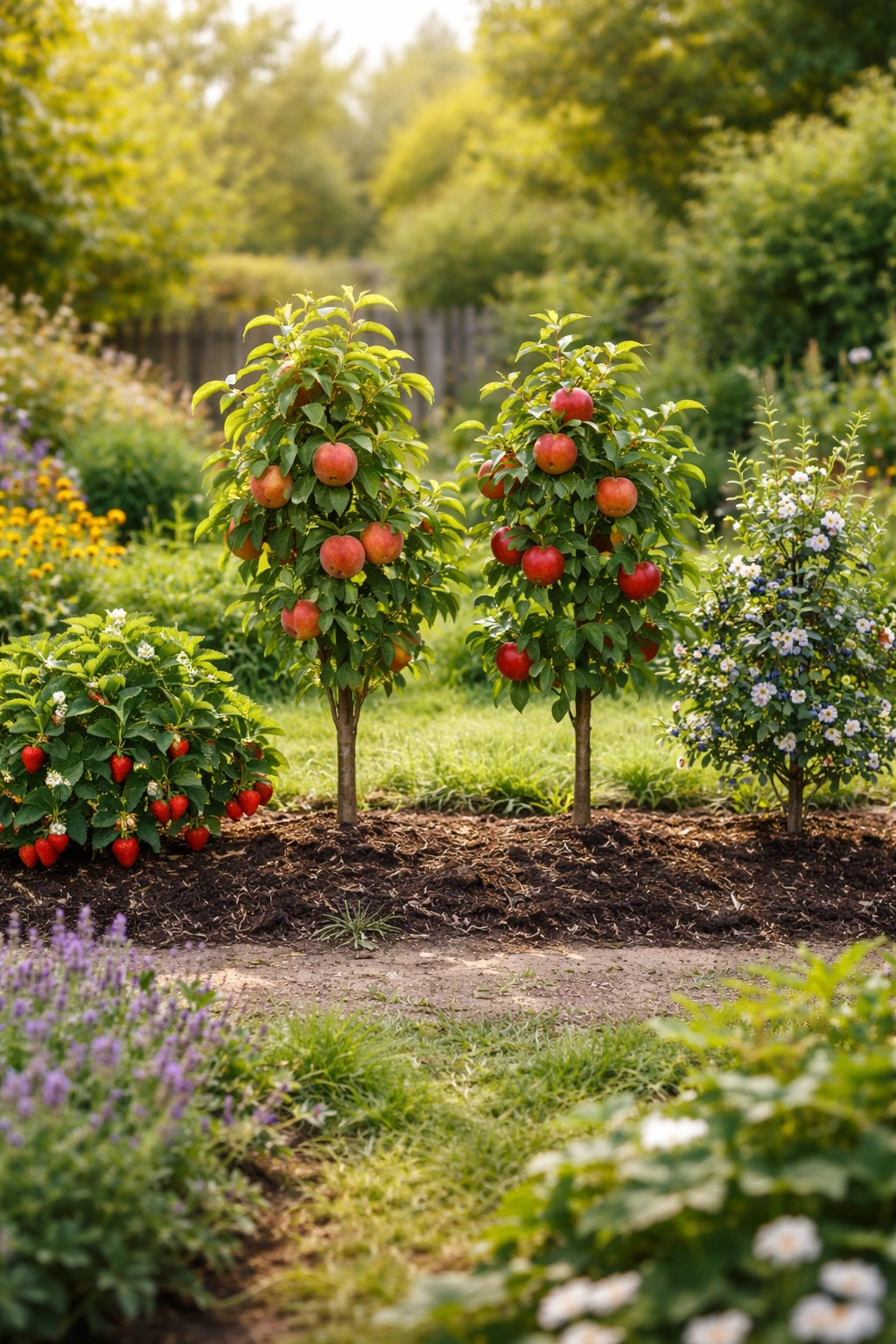 Row of young beginner-friendly fruit trees in a garden