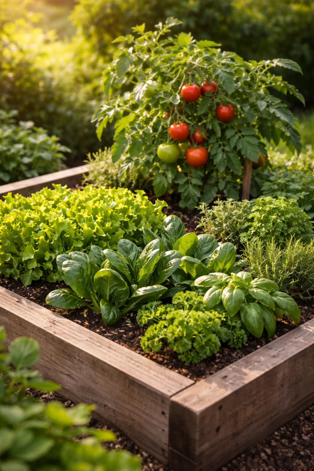 Garden bed with lettuce, spinach, tomato, and herbs