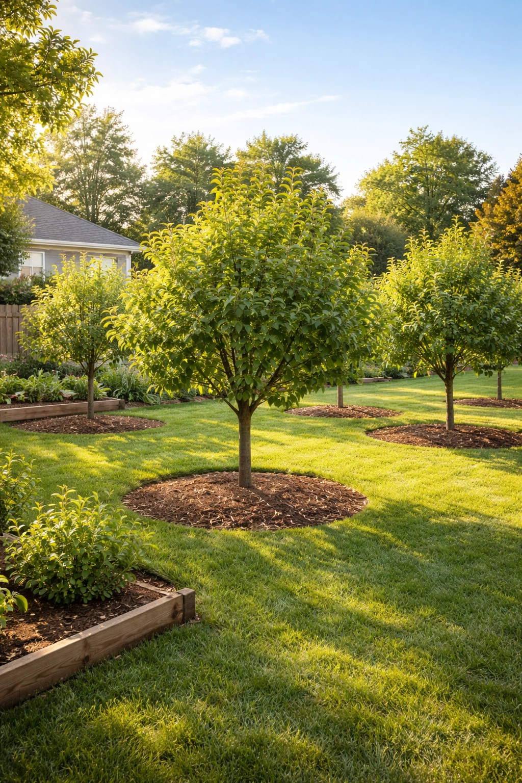 Young fruit trees in a beginner-friendly backyard orchard with mulch and clear sky.