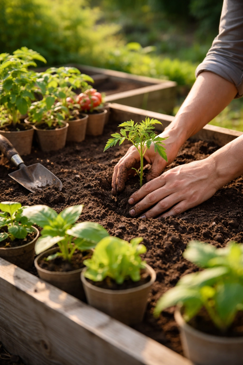 Hands planting a seedling in soil of a raised bed
