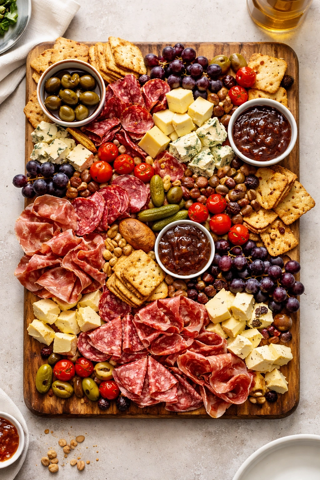Overfilled, unbalanced charcuterie board illustrating beginner mistakes