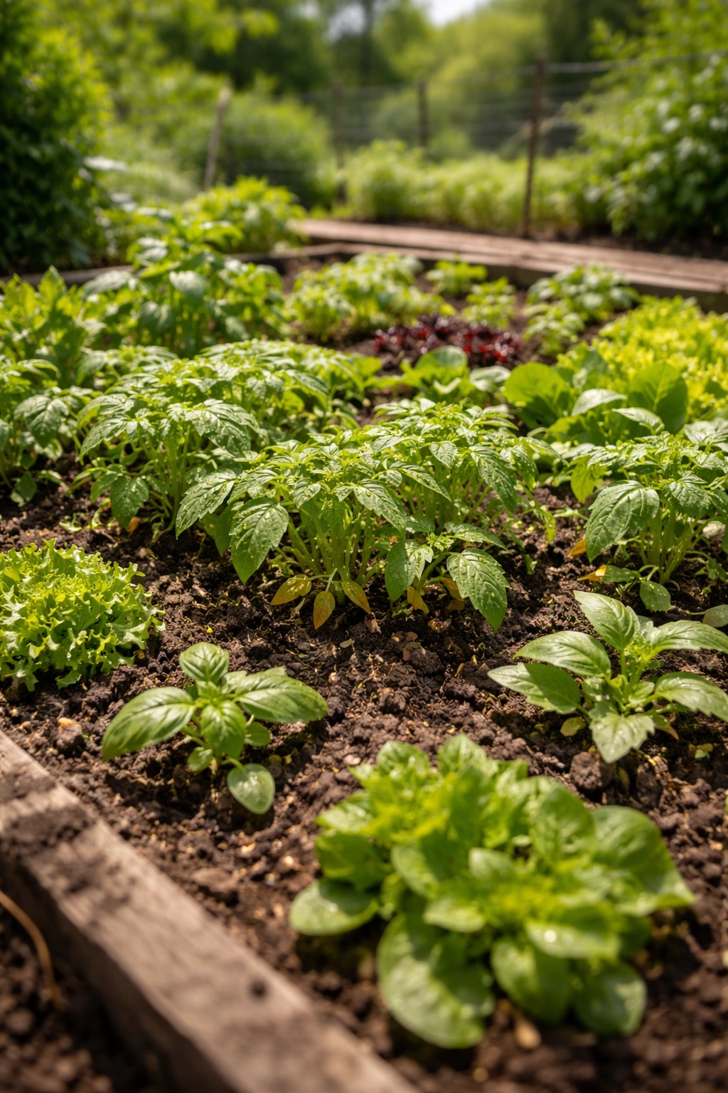 Crowded seedlings in a garden bed illustrating spacing mistakes