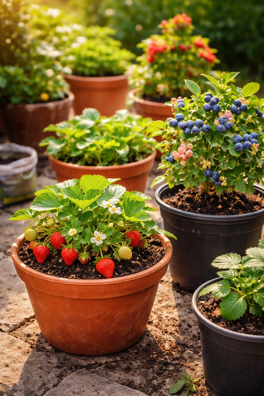 Pots of beginner-friendly fruit plants on a sunny patio