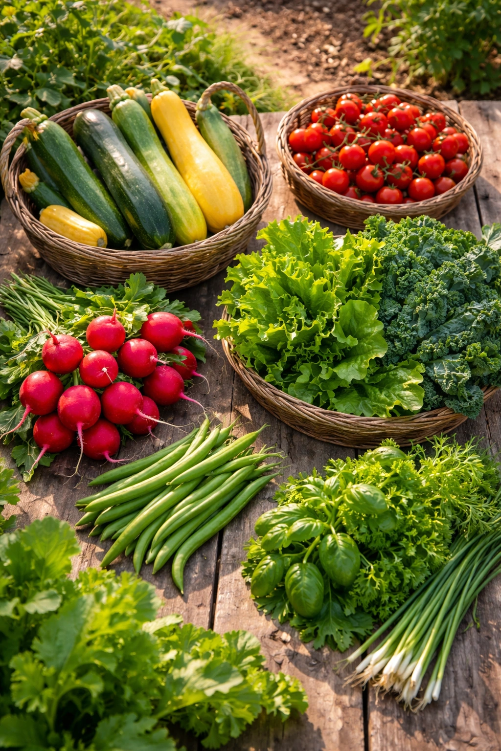 Close-up of a colorful mix of beginner-friendly vegetables on a rustic wooden surface
