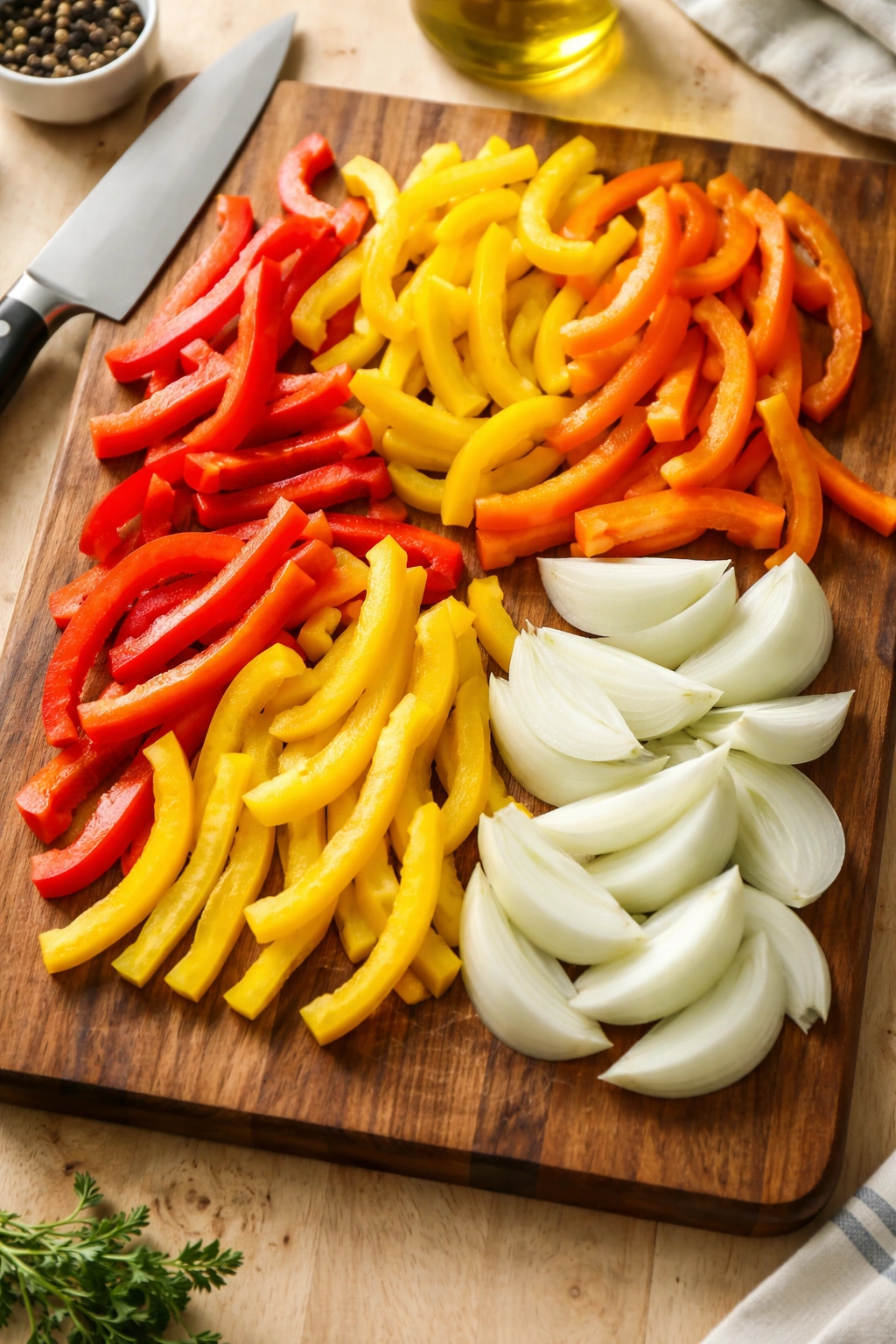 Colorful sliced bell peppers and onions on cutting board