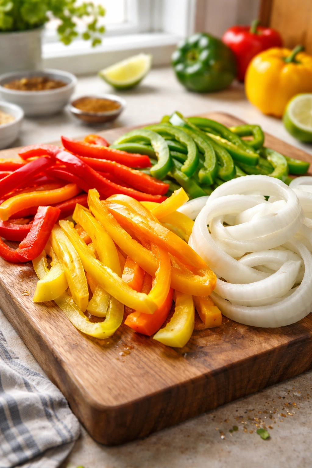 Colorful peppers and onions on a cutting board.