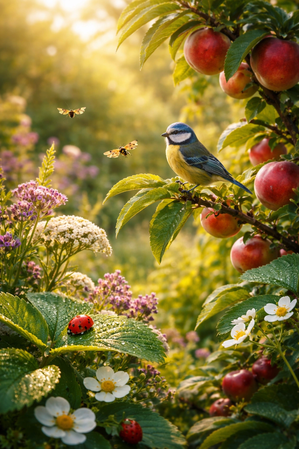 Beneficial wildlife like ladybugs hoverflies and a bird in a fruit garden