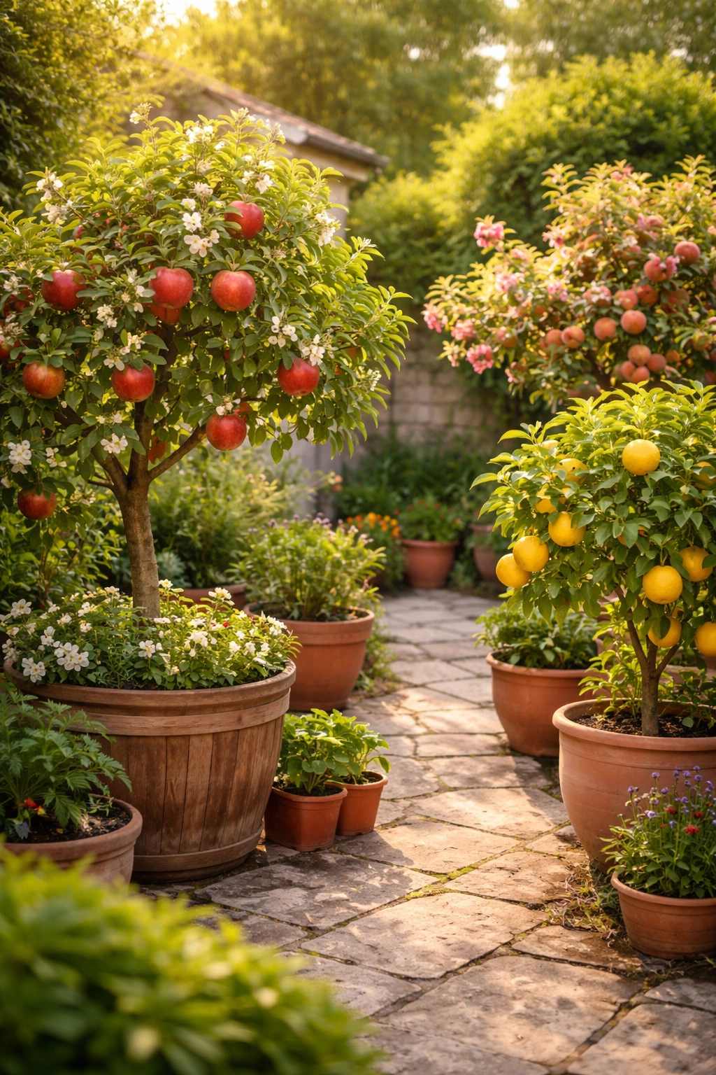 Lush small courtyard with fruit trees in containers bearing fruit.