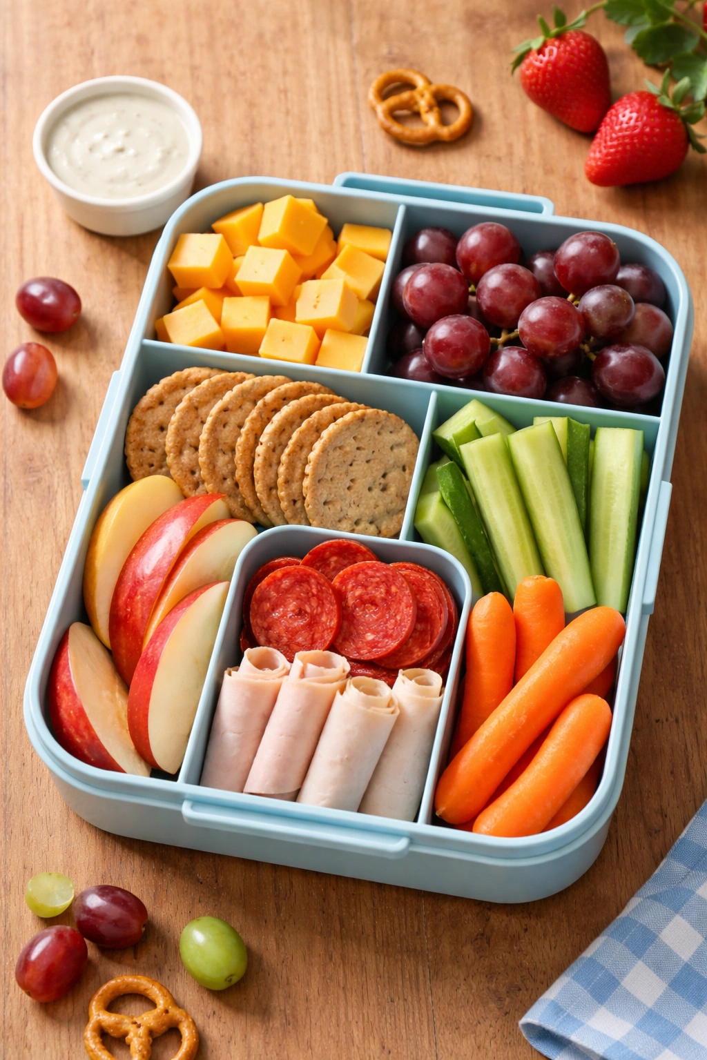 Top-down view of a cheese and crackers bento box with varied components in compartments