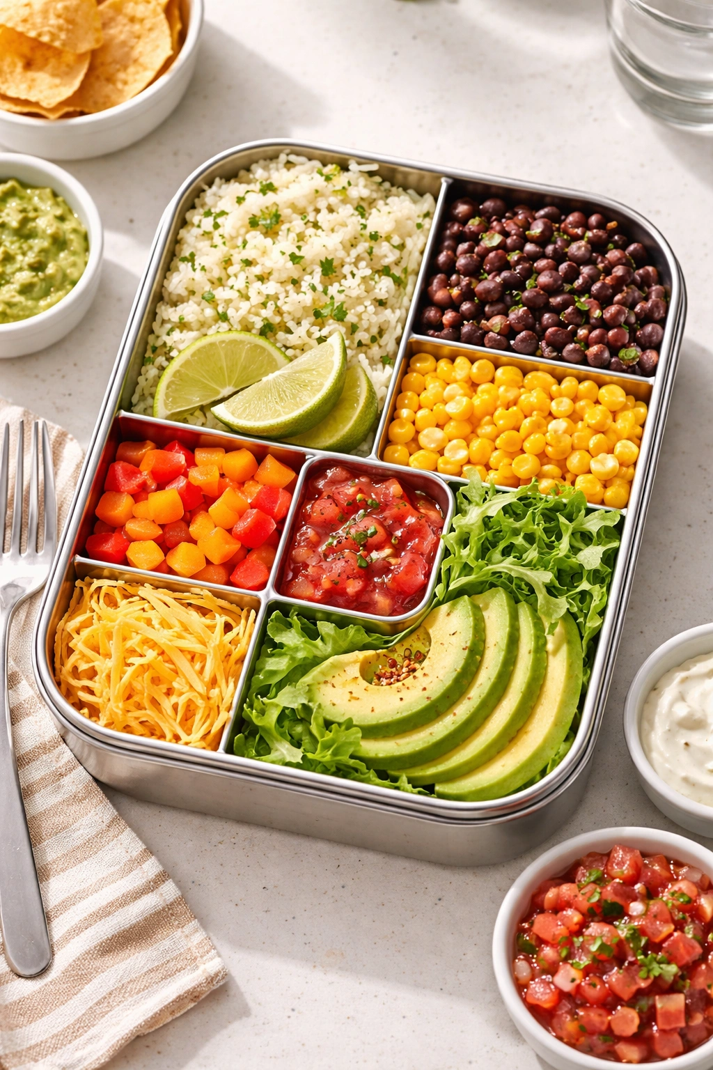 Top-down view of a Mexican-Spiced Rice Bowl Bento with colorful components in compartments