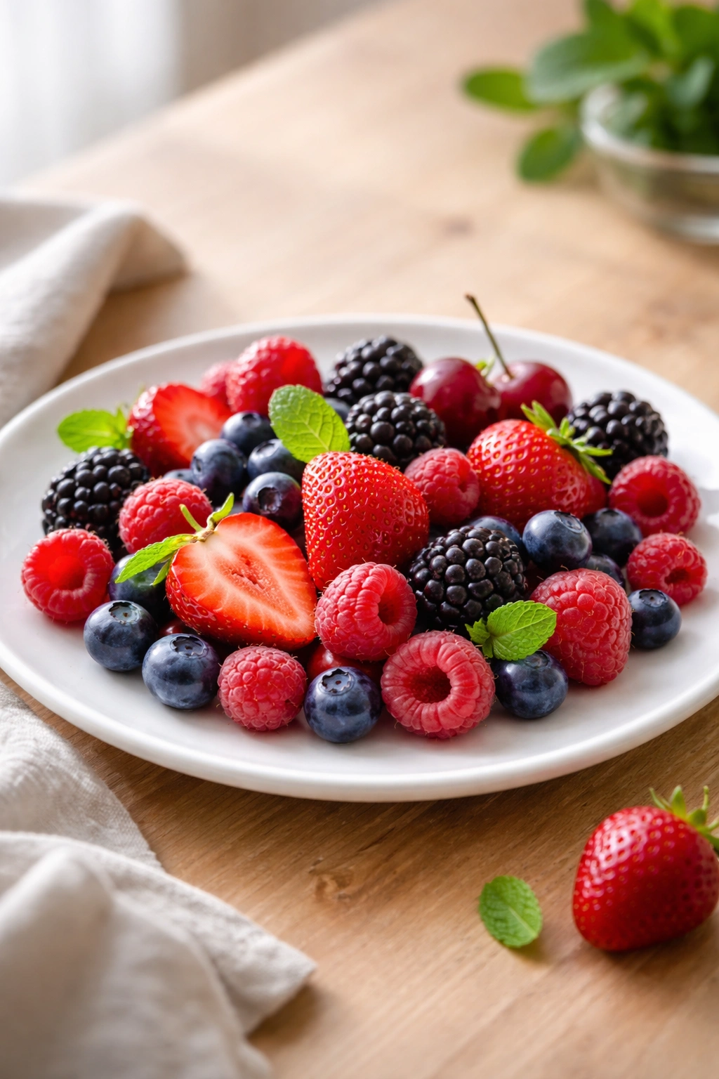Single plate of mixed berries on white, illustrating fruits within eating windows