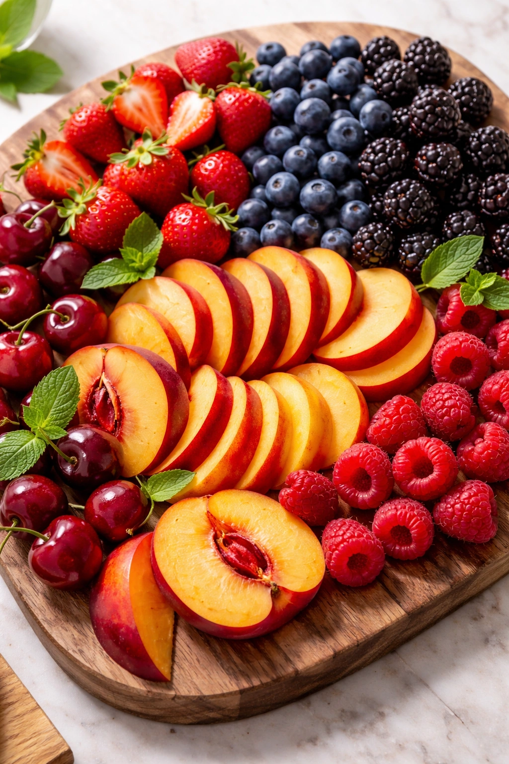 Fresh berries and stone fruit slices on a brunch board.